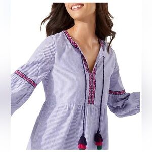 Tommy Bahama Blue Striped  Boho Embrodery Tunic Mini Dress Size XS